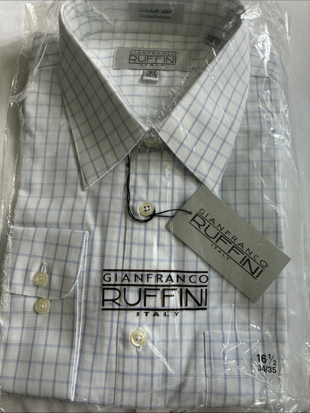Gianfranco Ruffini Men’s White & Light Blue Checked Dress Shirt